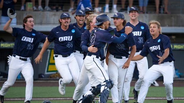 Oral Roberts celebrates its College World Series berth.
